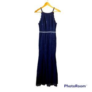 BCX Maxi Lace Dress Womens 5 Navy Blue Formal Wear Gown Sequins Pearls Stretch